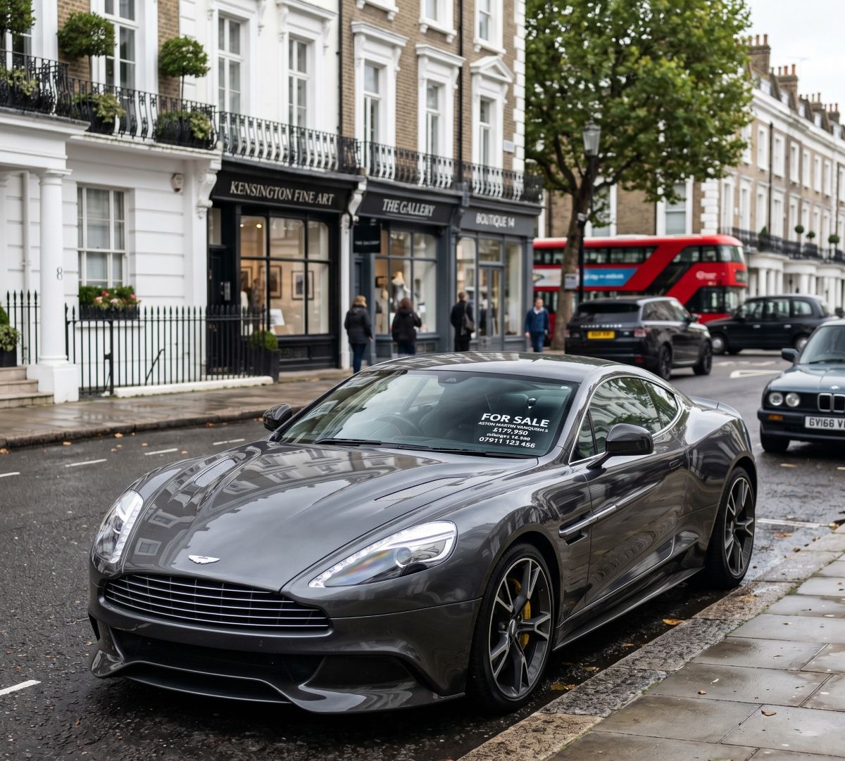 a dark metallic grey Aston Martin Vanquish parked neatly on an affluent residential-commercial street in Kensington, London