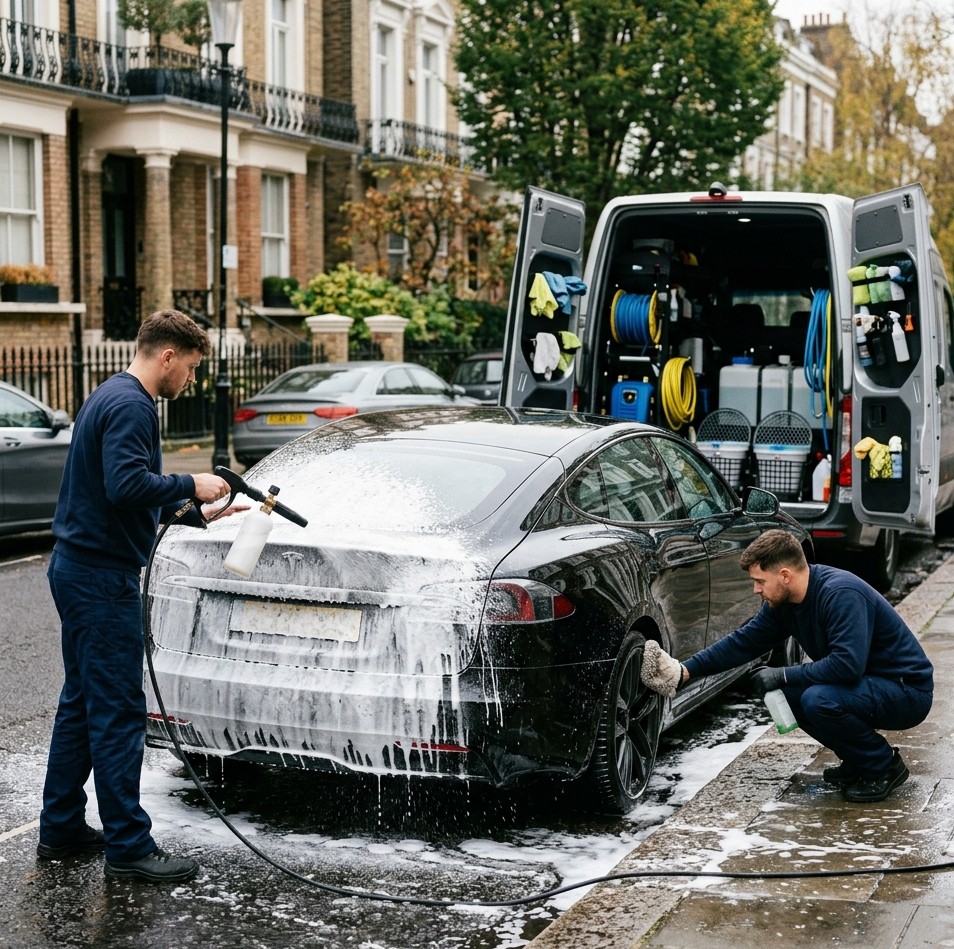 an ongoing mobile car wash service on a glossy black 2025 Tesla Model S parked on an affluent residential street in Kensington